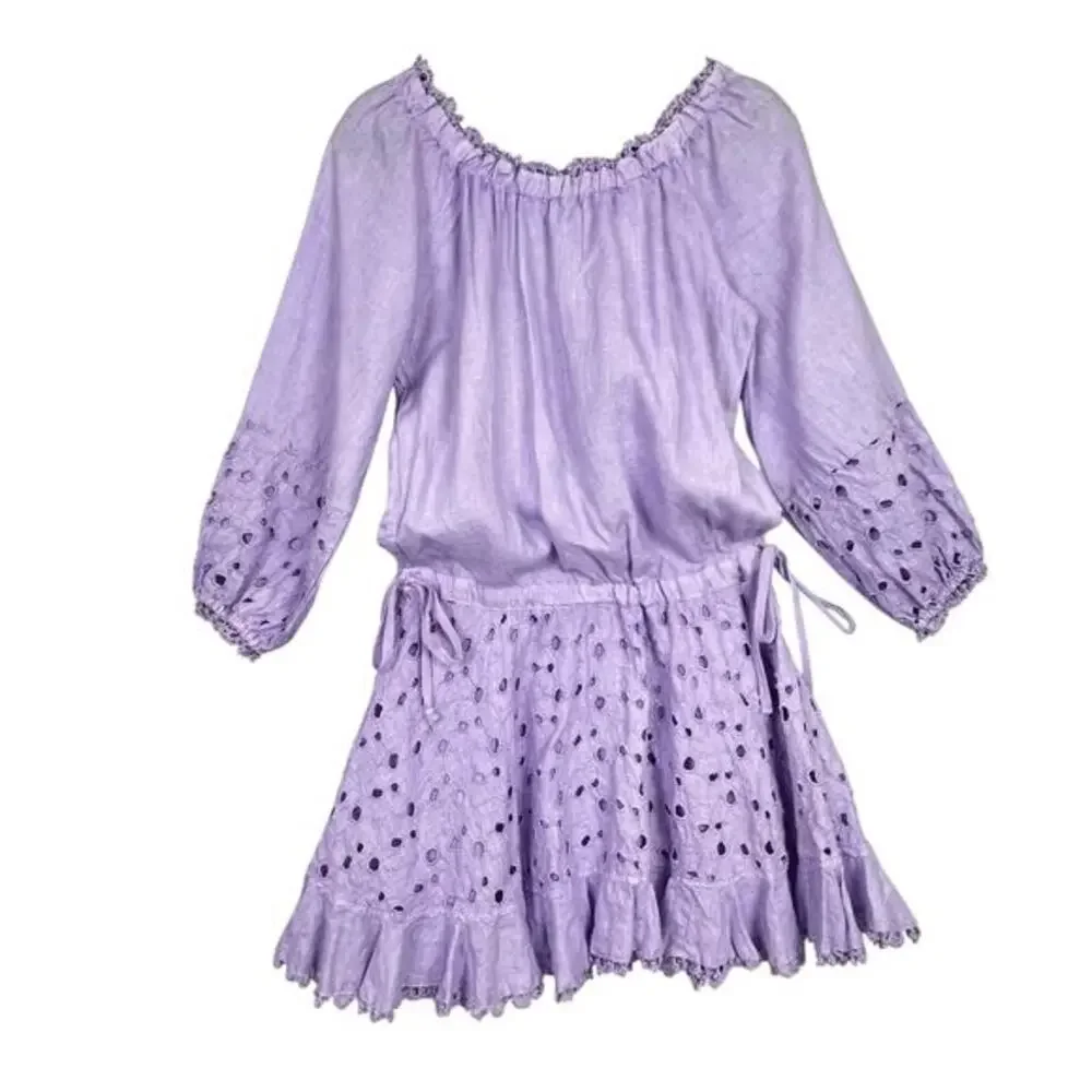 Guess Womens S Mini Dress Lavender Linen Eyelet Embroidered Romantic‎ Fairy